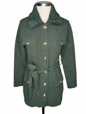 NVLT Dark Green Military Pocket Belted Sweater Coat Women's Size XS Gold Buttons